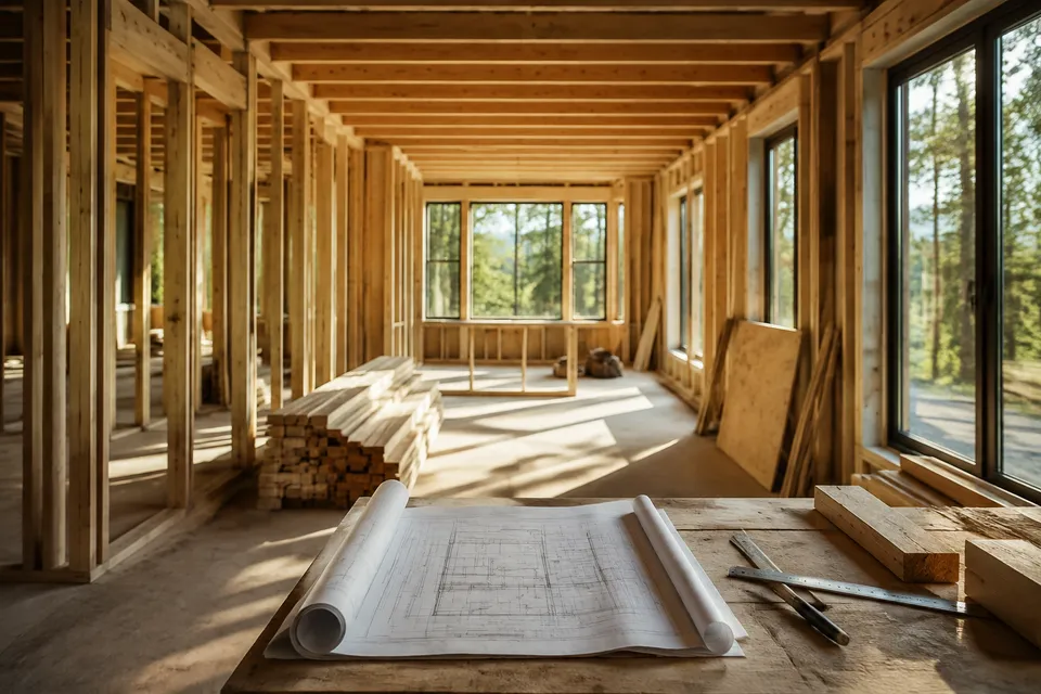 Illustrative scene of house framing and building plans on a workbench