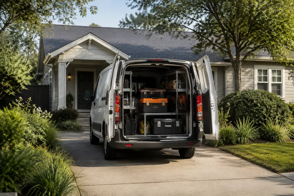 Illustrative scene of a service van with organized tools outside a house