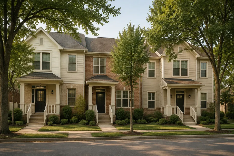 Illustrative scene of rental townhouses on a tree-lined street